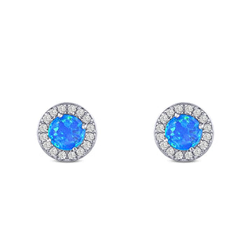 Halo Art Deco Stud Earring Round Simulated Cubic Zirconia Created Blue Opal Solid 925 Sterling Silver (8.2mm)